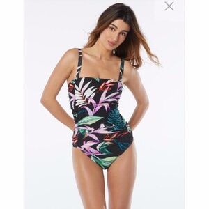 NWT Carmen Marc Valvo C5P529 Floral Square Neck Ruched Swimsuit Women's 12